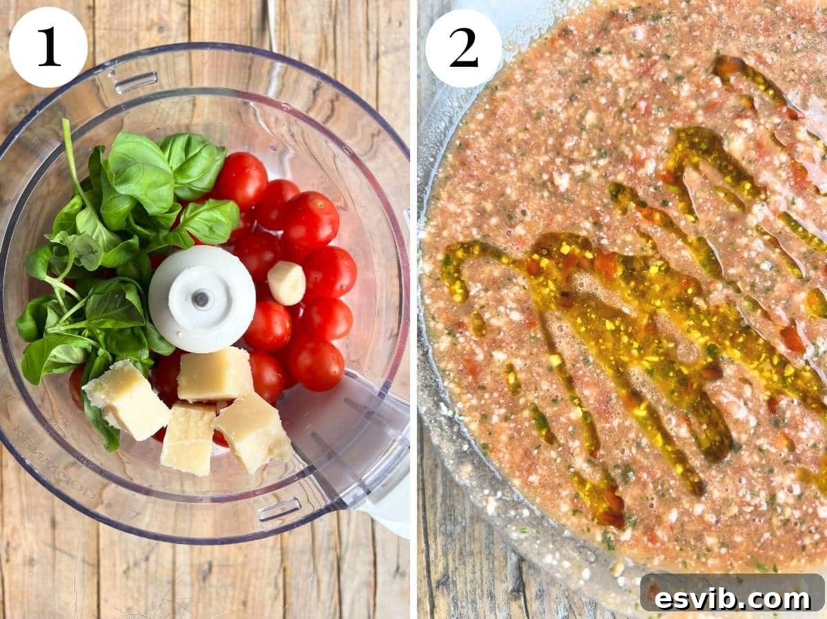 Two photos showing the before and after of blitzing a tomato sauce in a food processor.