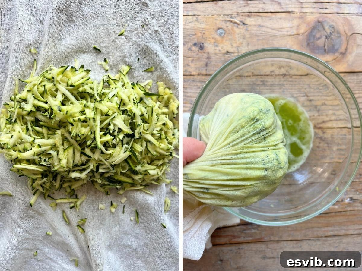 A collage showing grated zucchini on a cheesecloth, followed by a hand squeezing out liquid into a bowl.