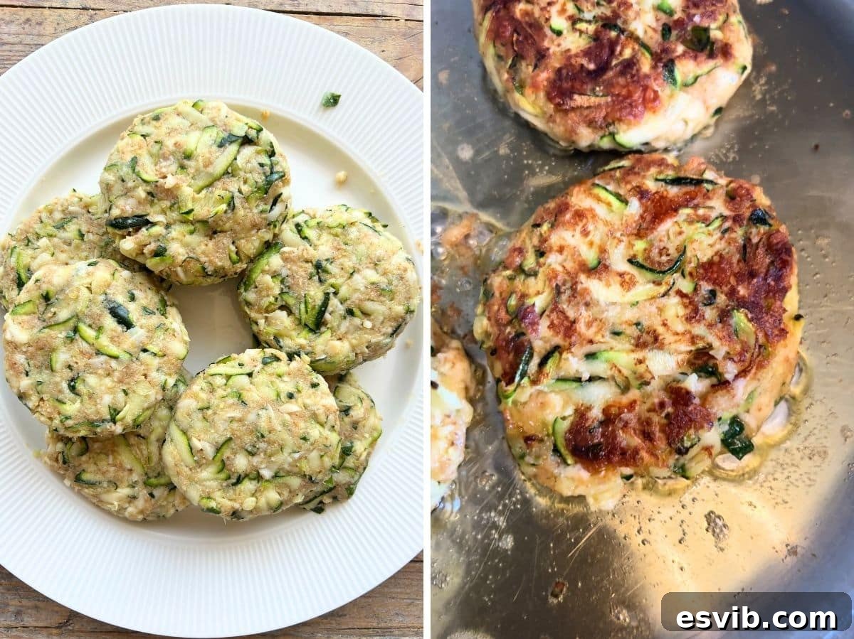 Zucchini patties sizzling and turning golden brown in a hot pan with olive oil.