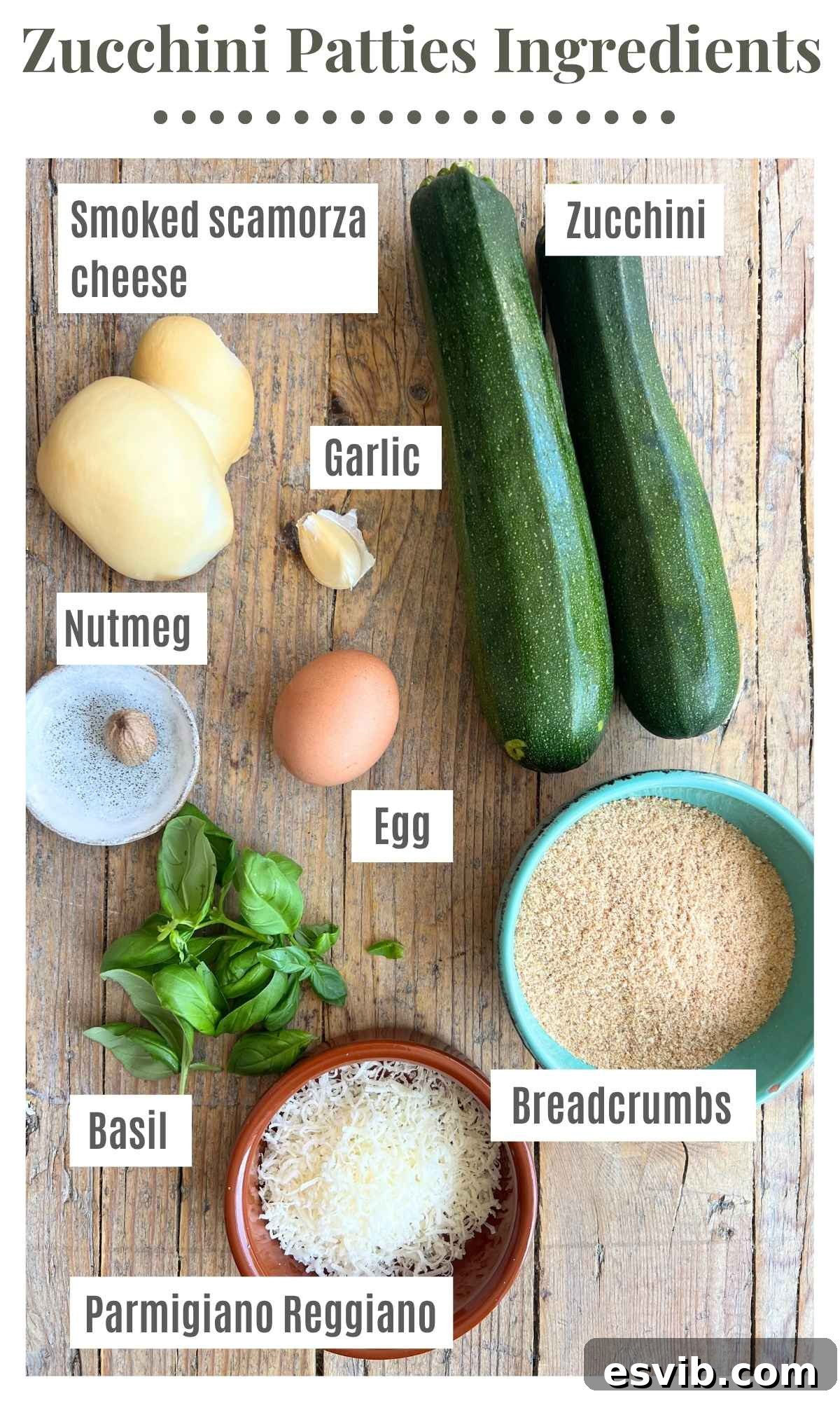 All the fresh ingredients for cheesy zucchini patties arranged on a rustic wooden board, clearly labeled: zucchini, smoked scamorza cheese, egg, garlic, breadcrumbs, nutmeg, basil, and Parmigiano Reggiano, showcasing their vibrant quality.