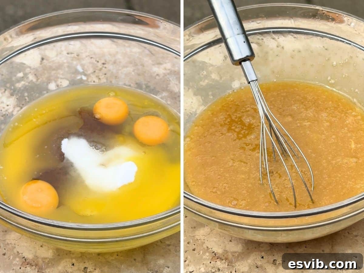Two photos illustrating the initial steps: on the left, melted butter, olive oil, sugars, eggs, and vanilla are combined in a bowl; on the right, the mixture is shown smooth and well-integrated after whisking.