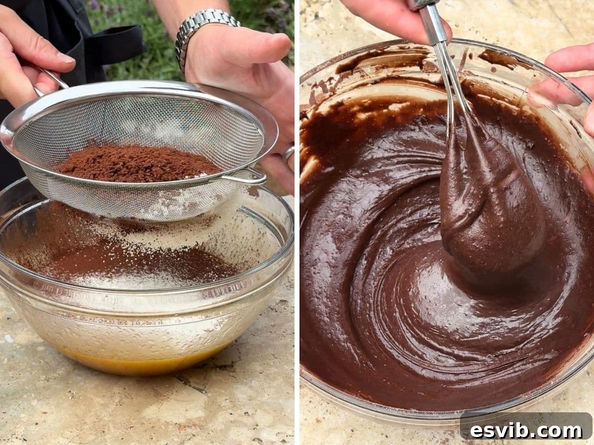 A collage of two images: one showing flour and cocoa powder being sifted into a bowl of wet ingredients, and the second showing the resulting thick, smooth chocolate batter.
