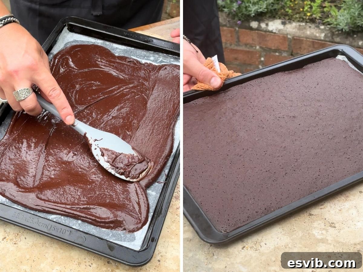 Two images depicting the baking process: on the left, the chocolate cake batter is being spread evenly into a lined baking tray; on the right, the perfectly baked and cooled chocolate cake base.