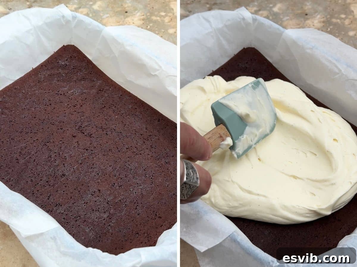 Two photos demonstrating how to assemble the ice cream sandwiches before freezing: on the left, the creamy no-churn ice cream is spread over the chocolate cake base; on the right, the second cake layer is placed on top, ready for wrapping.