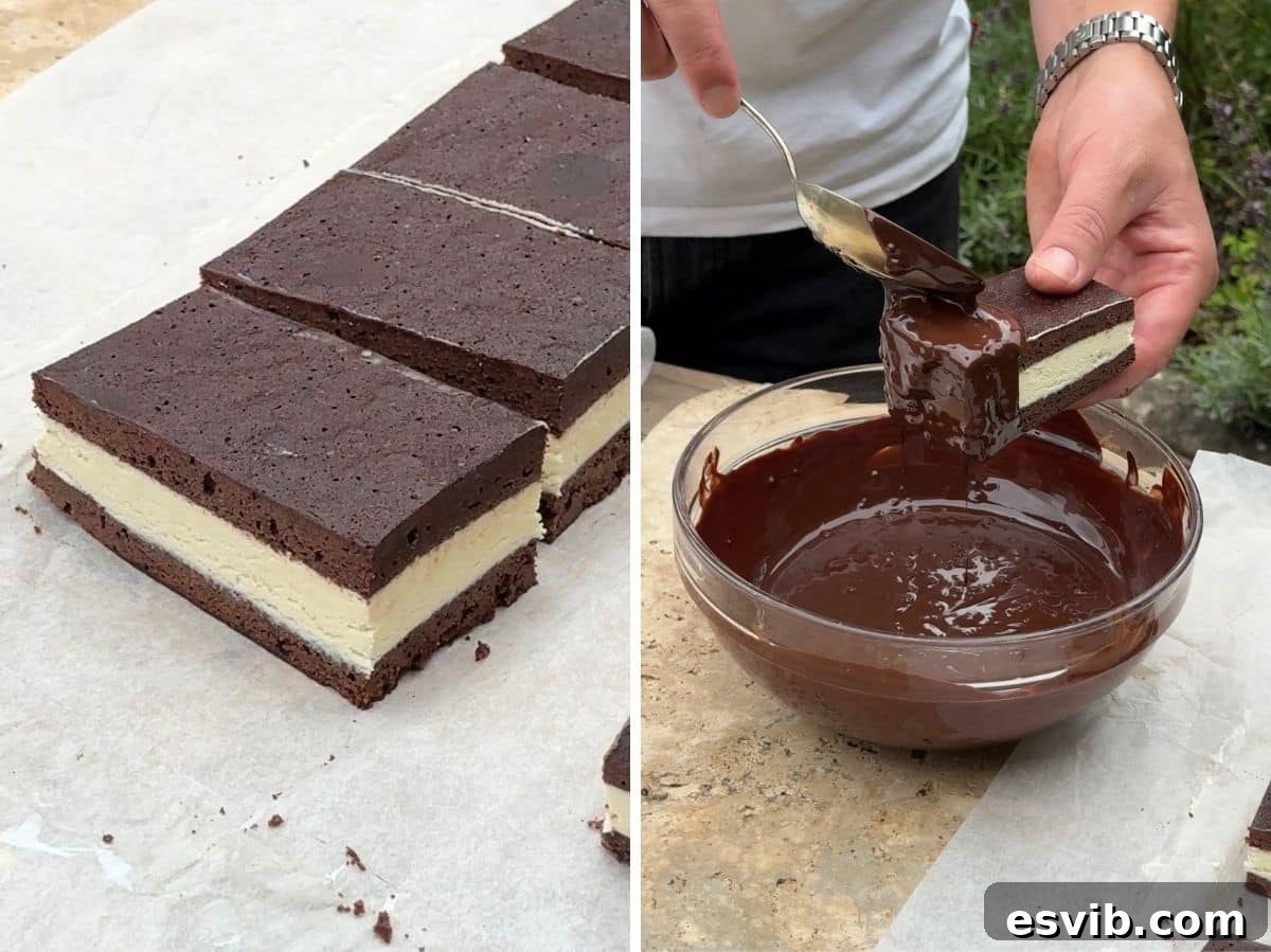 A two-part image showing the final decorative steps: on the left, ice cream sandwiches are neatly cut into individual portions; on the right, a sandwich is being dipped into a luscious melted chocolate and hazelnut mixture.