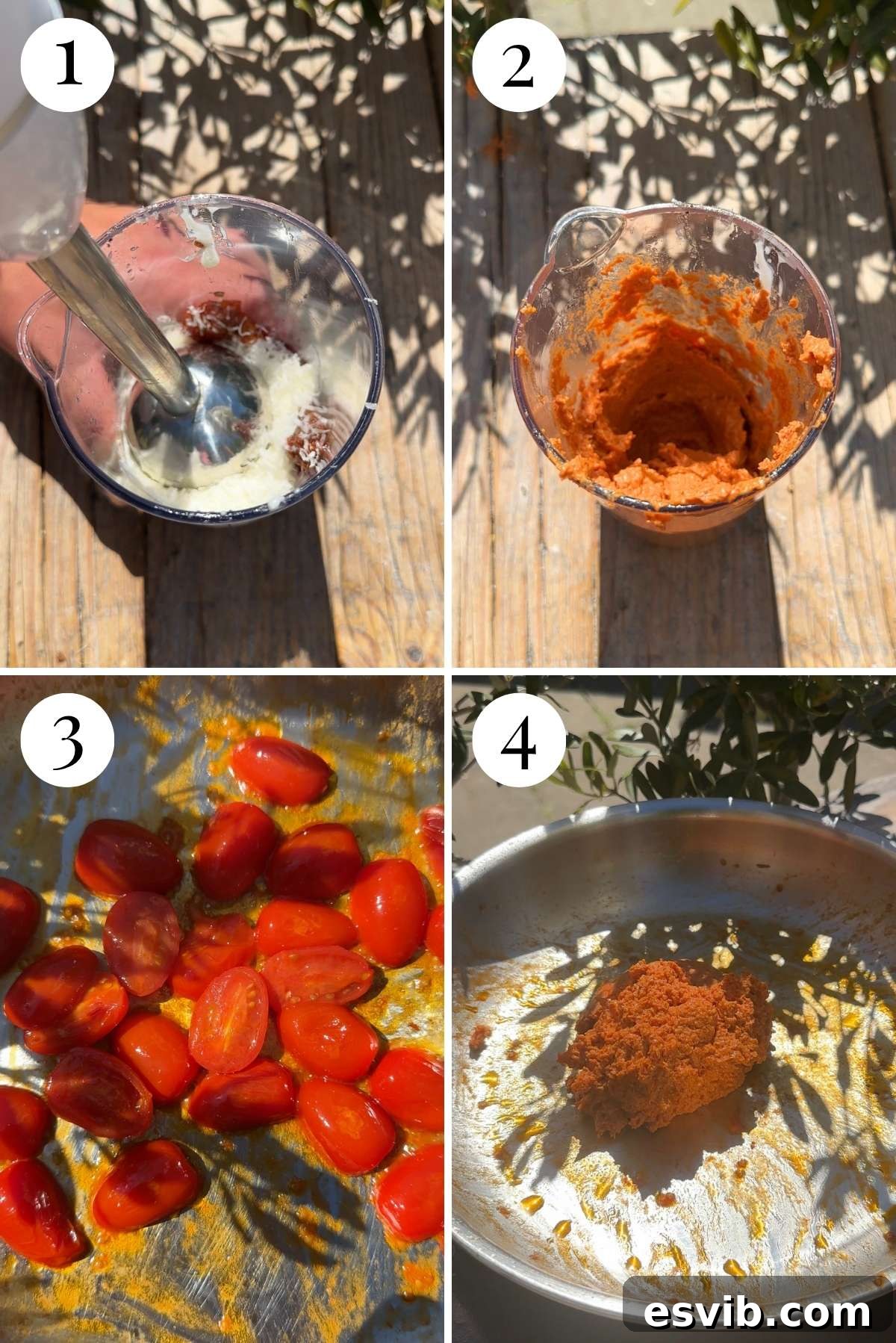 Velvety Stracchino Sun-Kissed Tomato Pasta 3 Four photos in a collage showing how to blitz a sundried tomato paste and saute tomatoes for a pasta sauce.