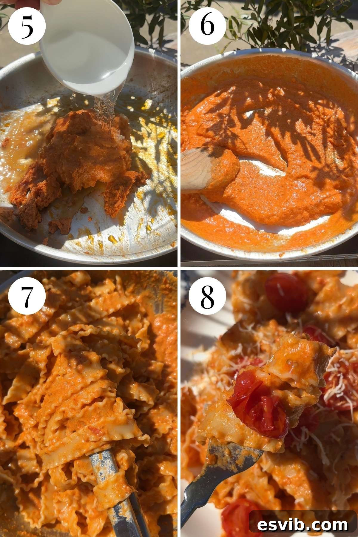 Velvety Stracchino Sun-Kissed Tomato Pasta 4 Four photos in a collage showing how to emulsify pasta sauce and add pasta to it.