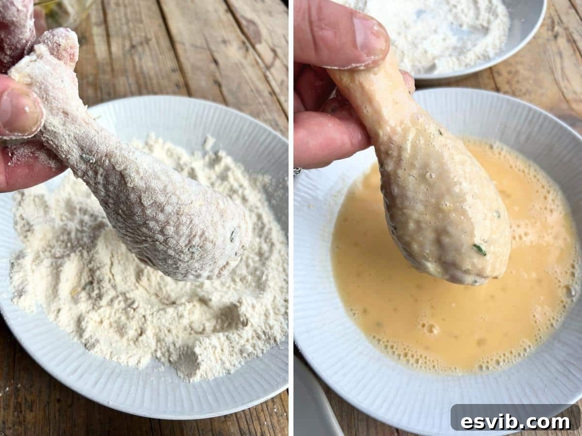 Two photos illustrating the breading process: a chicken drumstick first dredged in flour, then thoroughly coated in beaten egg.