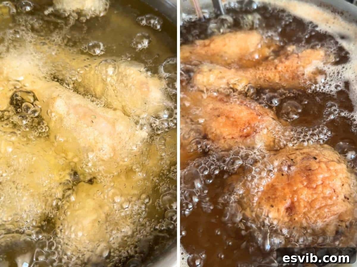 Two photos showing the frying process: chicken pieces gently sizzling in hot oil, turning golden brown as they cook.