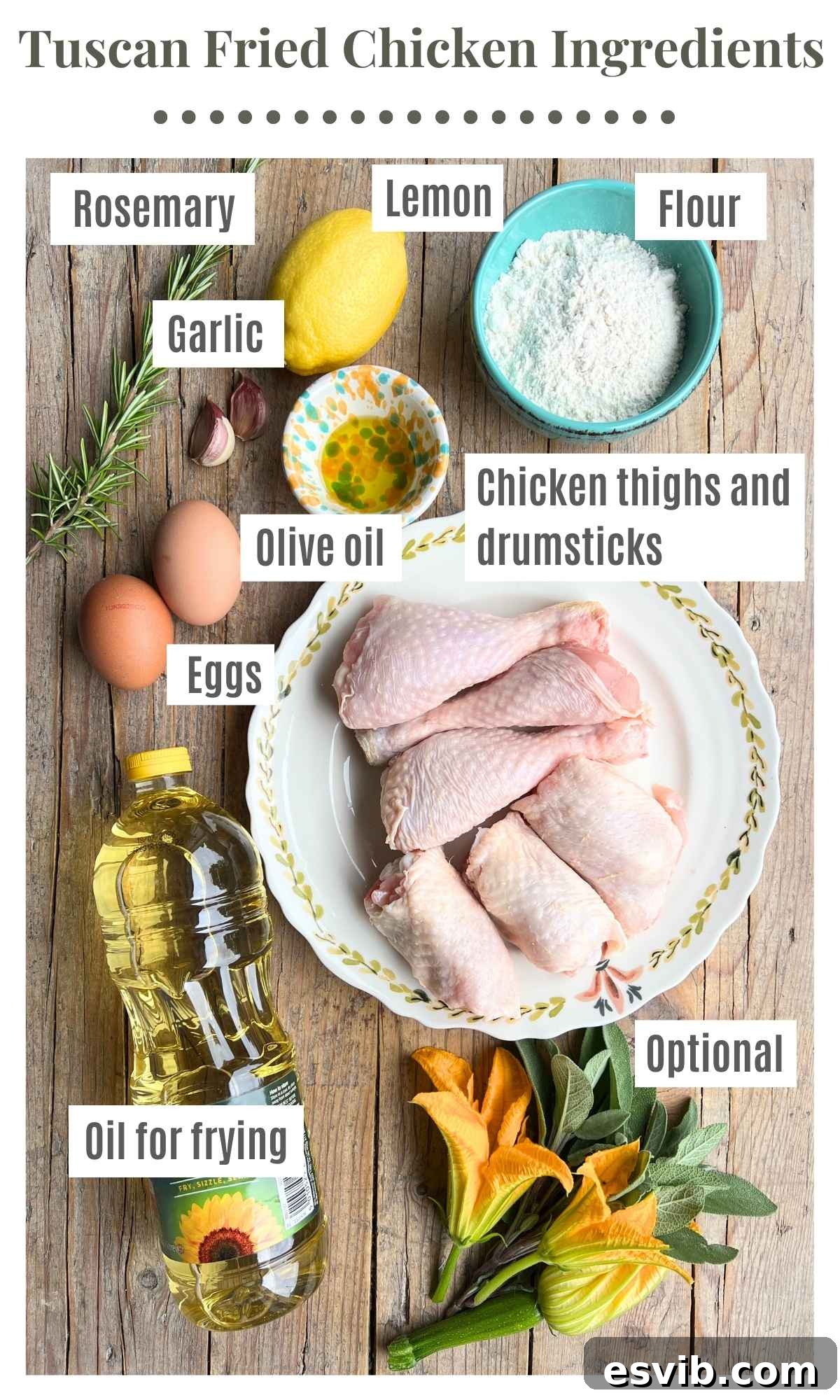 A rustic wooden surface displays all the fresh, high-quality ingredients required to prepare authentic Tuscan fried chicken, including chicken pieces, herbs, lemons, and oil.