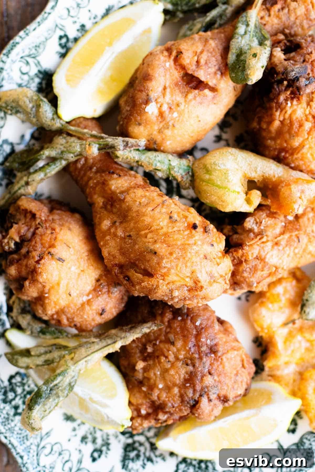 A delectable close-up view of Italian fried chicken, perfectly golden and crispy, garnished with fresh sage leaves and delicate zucchini blossoms on a serving platter.