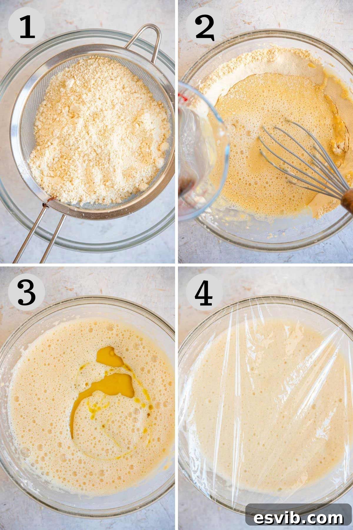 Four photos arranged in a collage, visually demonstrating the process of preparing a smooth chickpea batter using chickpea flour, water, olive oil, and salt, highlighting the whisking and resting stages.