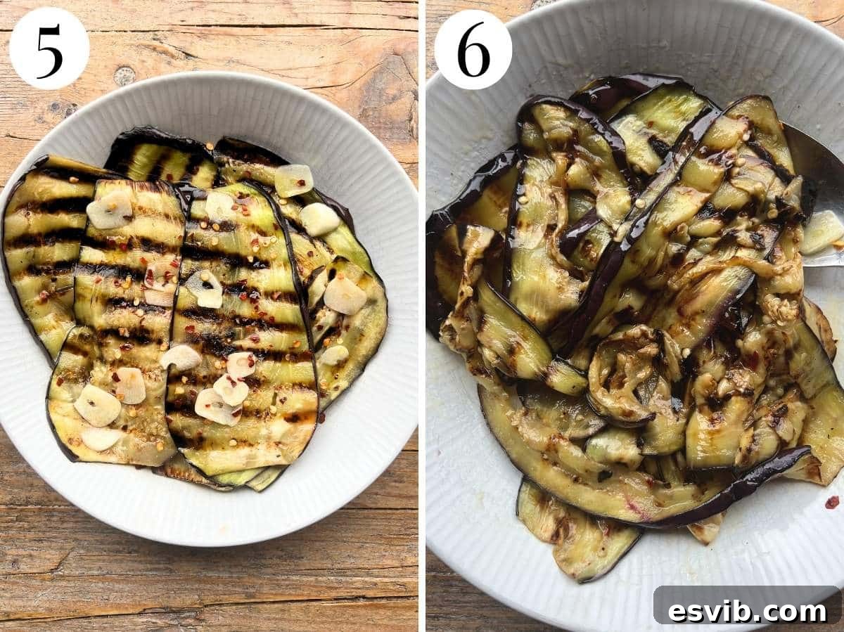 Two photos showcasing the process of marinating grilled eggplant. One shows freshly grilled eggplant slices, and the other depicts the eggplant fully coated in a flavorful garlic and chili marinade in a bowl.