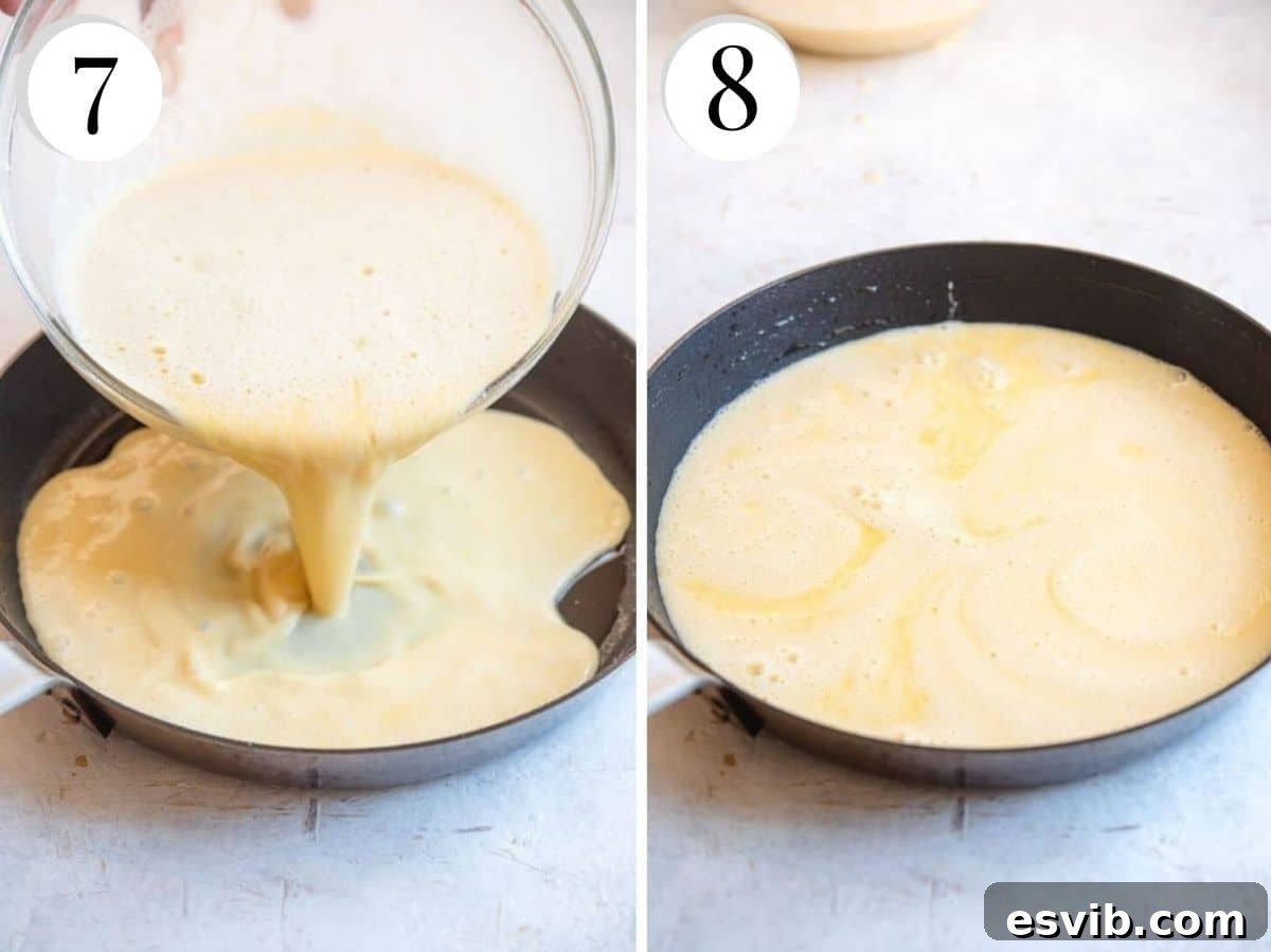 Two photos showing chickpea batter being poured into a hot skillet/pan, ready for baking. One shot shows the batter in the pan, and the other captures it just before entering the oven.