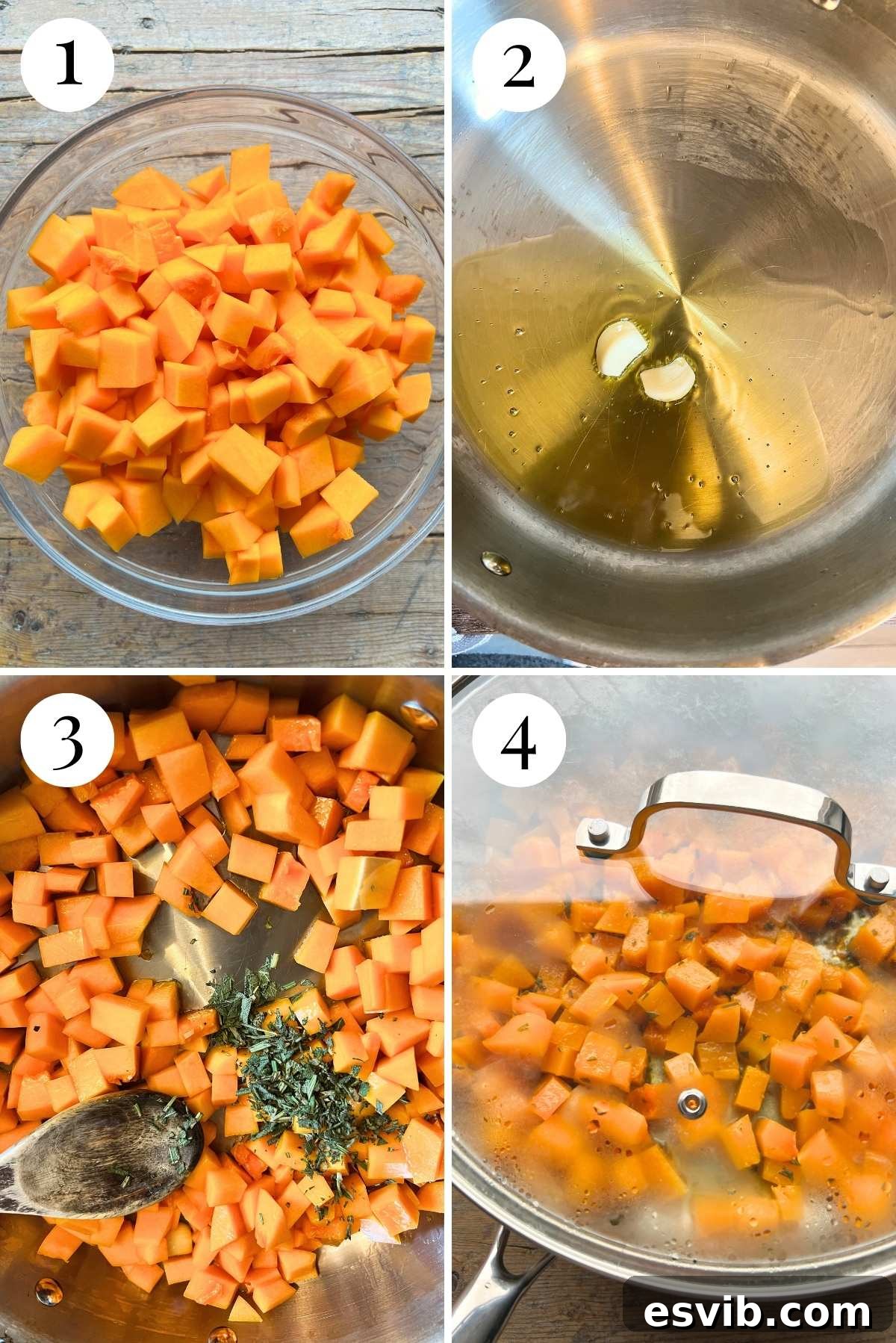 A four-photo collage demonstrating the process of preparing and cooking butternut squash: trimming, dicing, sautéing with garlic and herbs, and finally cooking until tender.