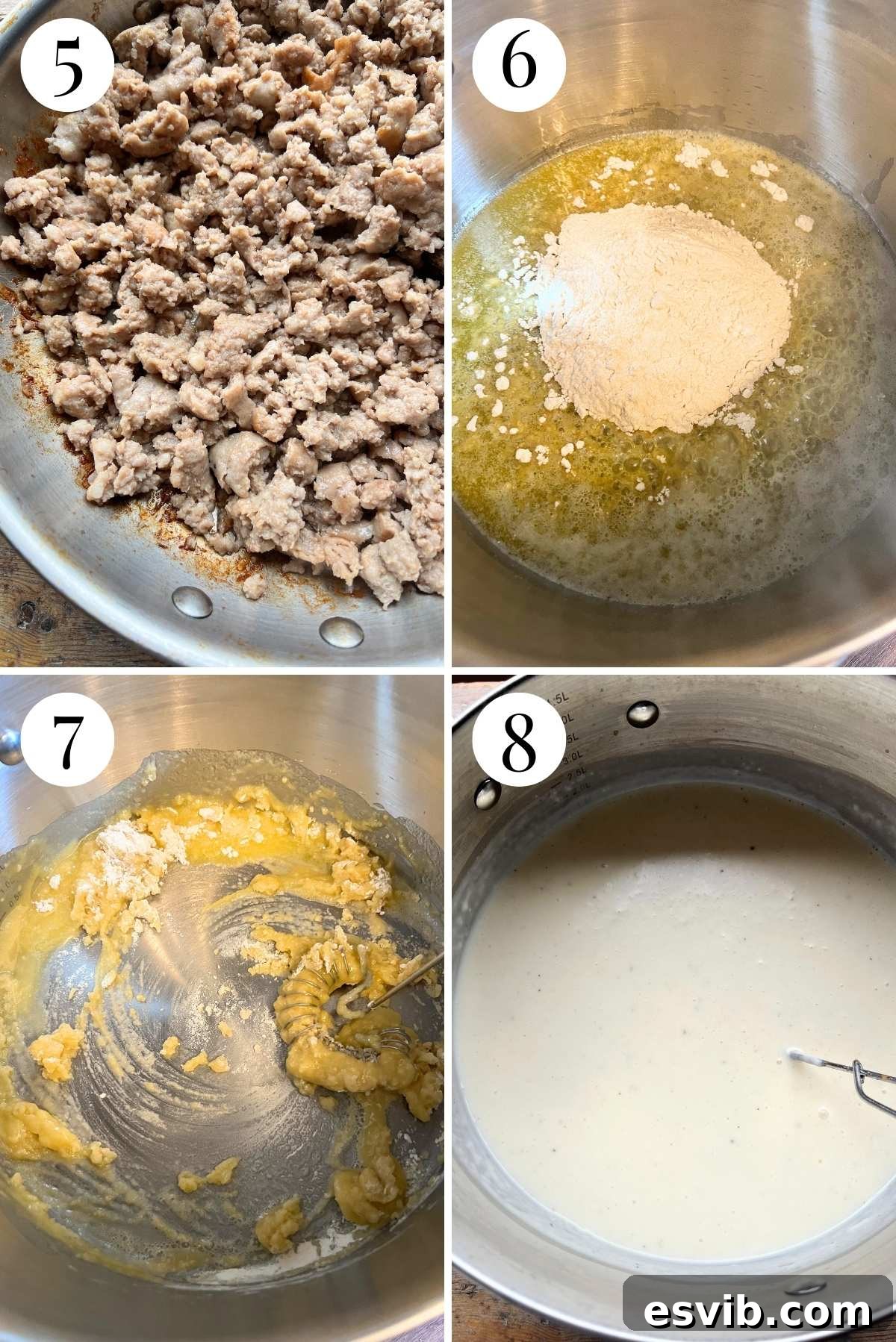 A four-photo collage illustrating the preparation of béchamel sauce and browning Italian sausage: melting butter for roux, whisking in milk, thickening sauce, and browning sausage crumbs.