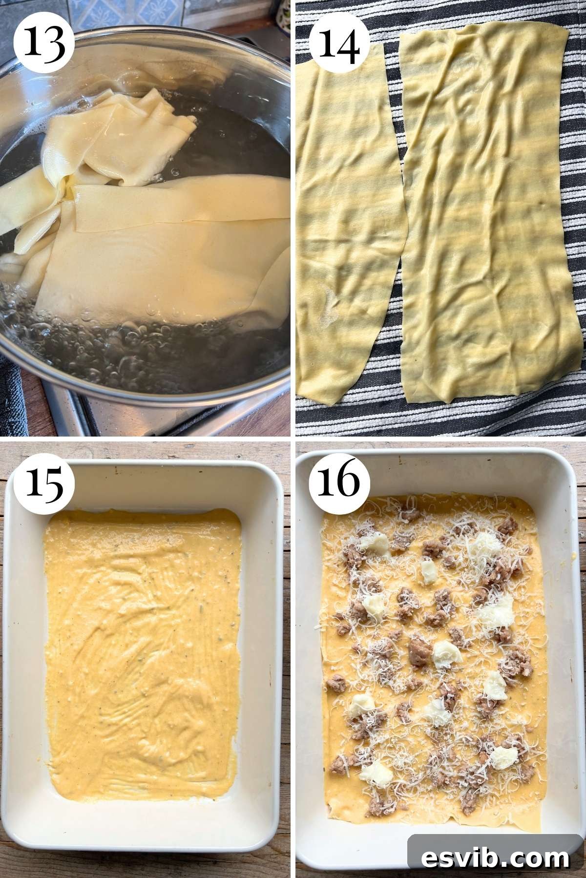 A four-photo collage illustrating how to blanch fresh pasta sheets and expertly layer a butternut squash lasagna with sauce, sausage, and cheeses.