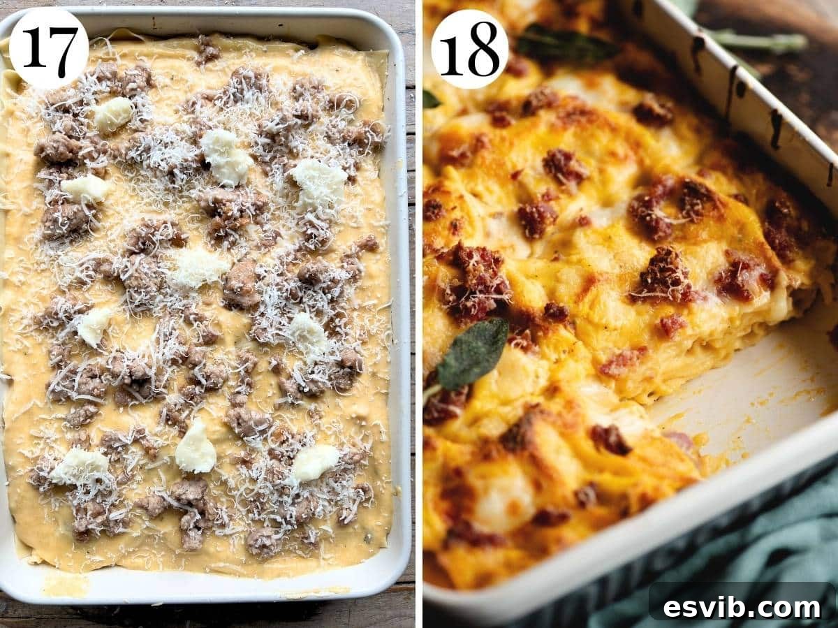 Two photos comparing the butternut squash lasagna before baking, showing its raw layers, and after baking, displaying a golden-brown, bubbling top.