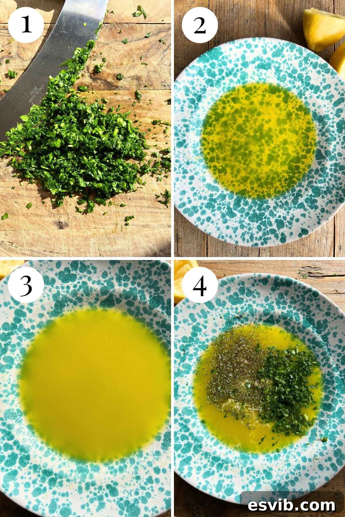 Salmoriglio: Zesty Southern Italian Herb Sauce 4 Four photos in a collage showing the step-by-step process of how to make Salmoriglio sauce, from chopping herbs to mixing ingredients.