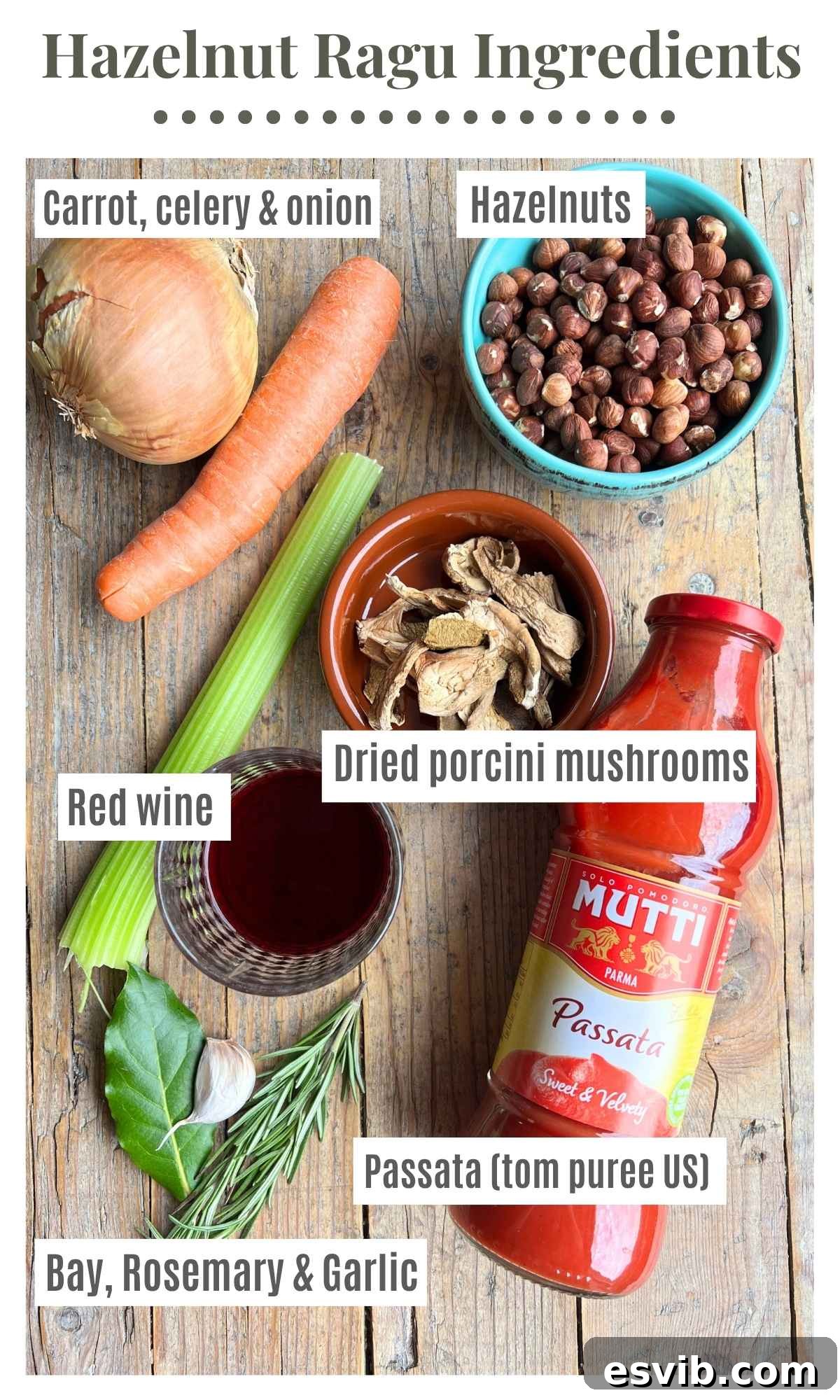 Artisan Piedmontese Hazelnut Ragu 3 An overhead shot of all the ingredients needed to make a hazelnut ragu, including fresh vegetables, hazelnuts, dried porcini mushrooms, passata, red wine, and herbs.