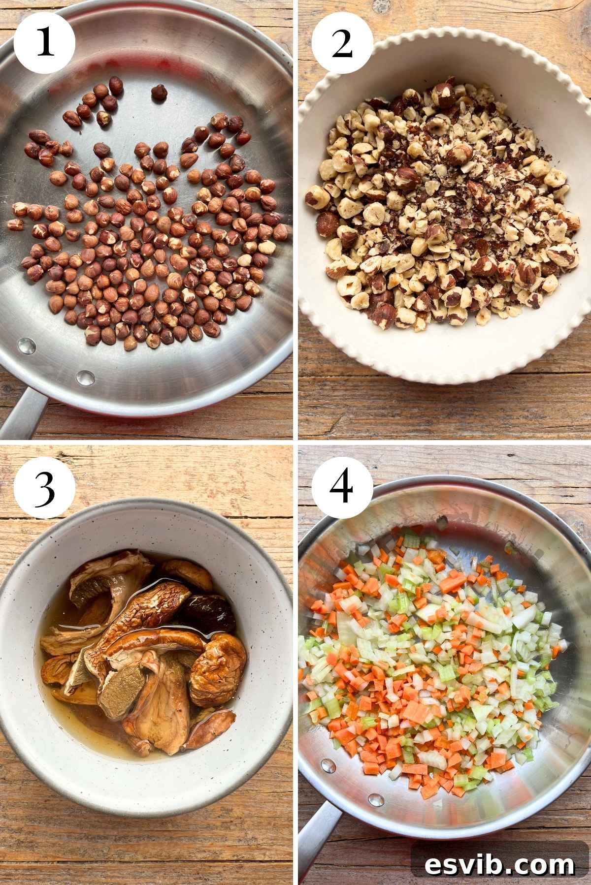 Artisan Piedmontese Hazelnut Ragu 4 Four photos in a collage showing how to toast hazelnuts, blitz them in a food processor, soak porcini mushrooms, and sauté finely chopped vegetables.