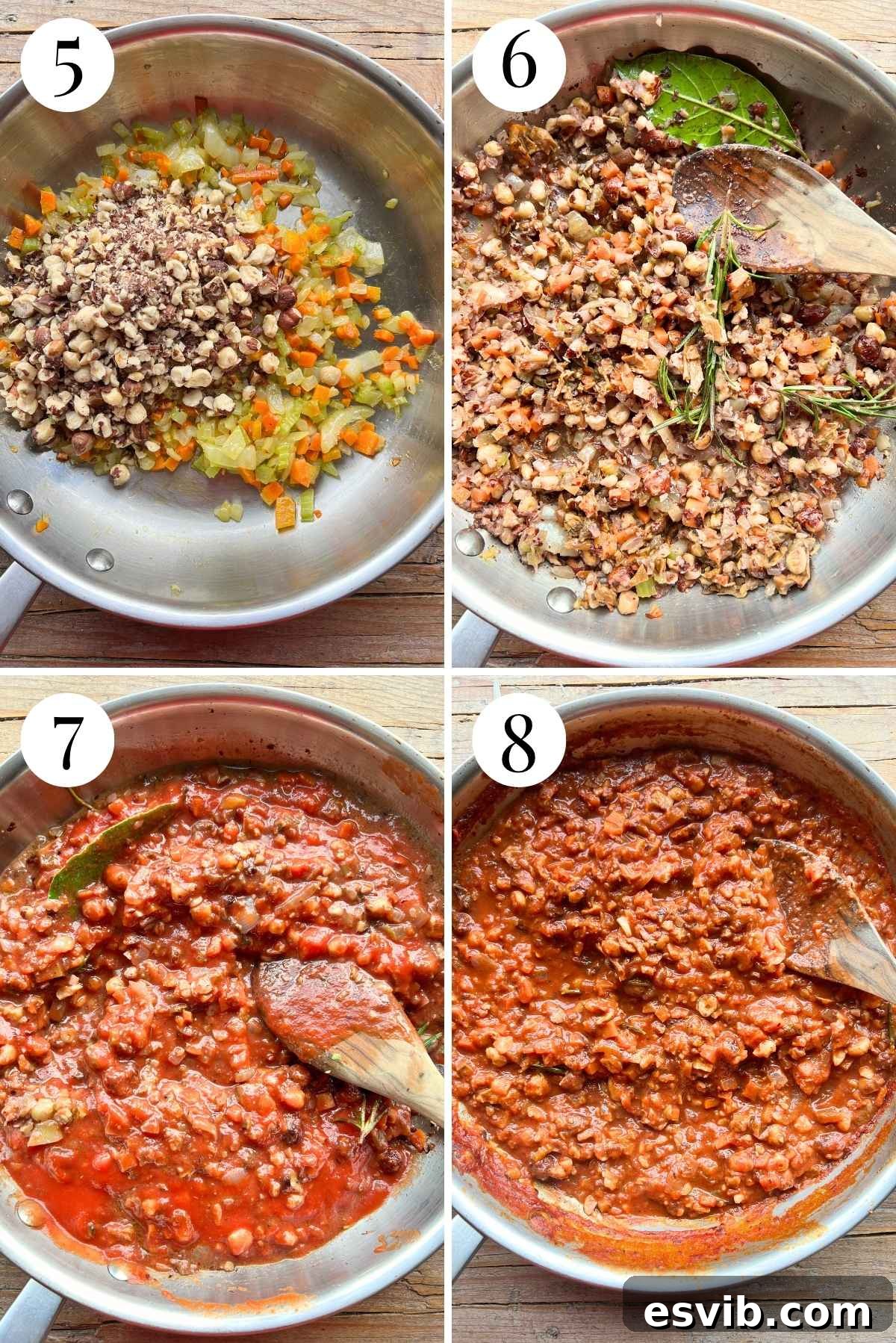 Artisan Piedmontese Hazelnut Ragu 5 Four photos in a collage showing how to add hazelnuts and herbs, incorporate porcini and red wine, and finally, add tomato passata to simmer the ragu.