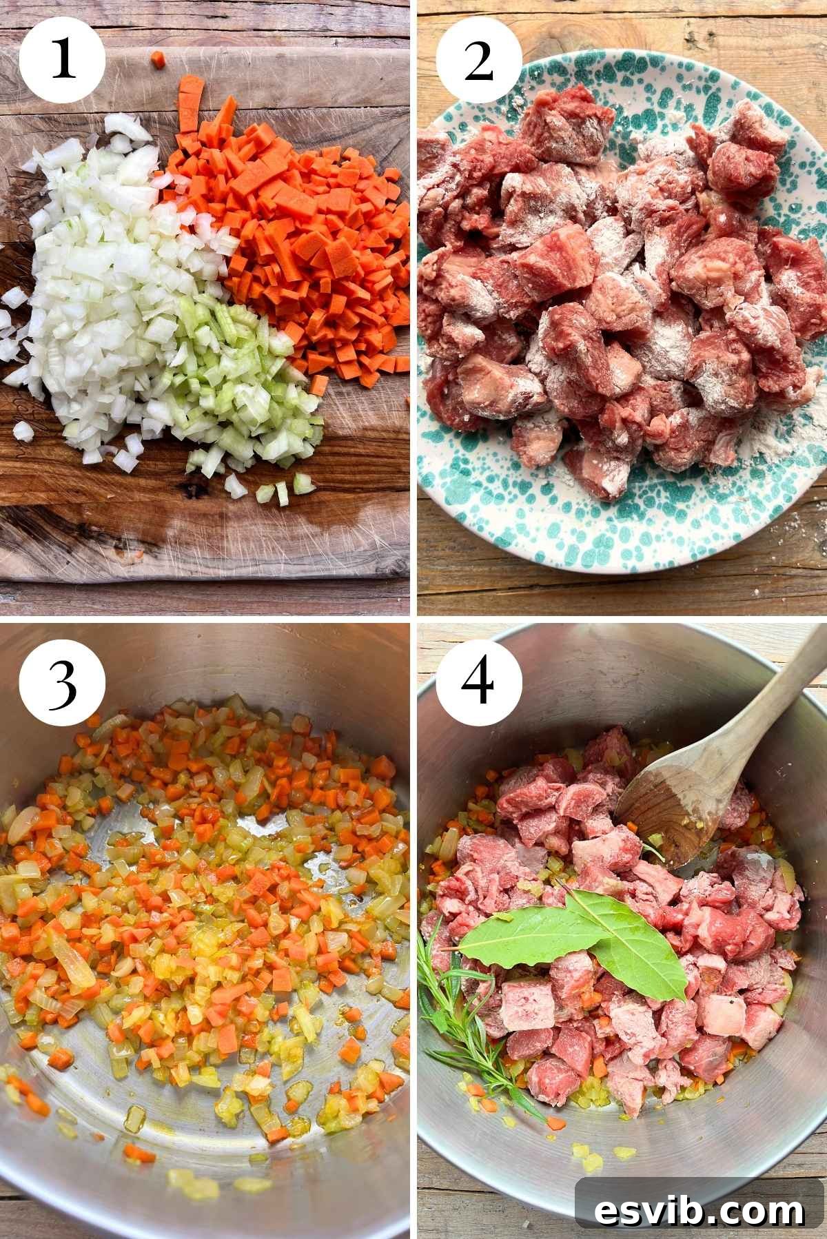 A four-panel collage illustrating the initial steps of preparing Italian beef stew. Images show finely chopped carrots, celery, and onion, followed by chunks of beef tossed with cornstarch, salt, and pepper, all ready for the pot.