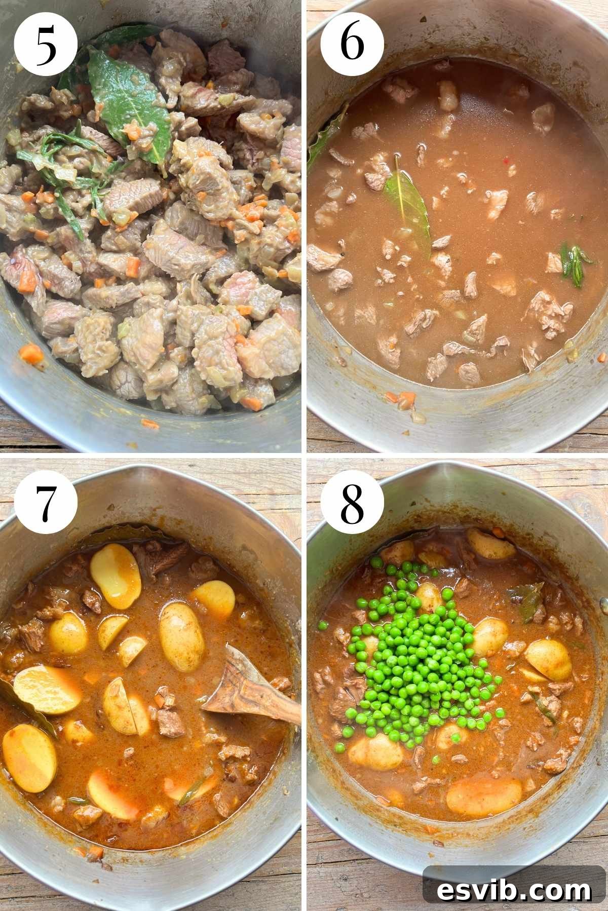 A four-panel collage detailing the cooking process of Italian beef stew. Images show the beef being browned, red wine added and simmering, followed by beef stock and tomato concentrate, and finally, potatoes and peas joining the stew for the final stages.