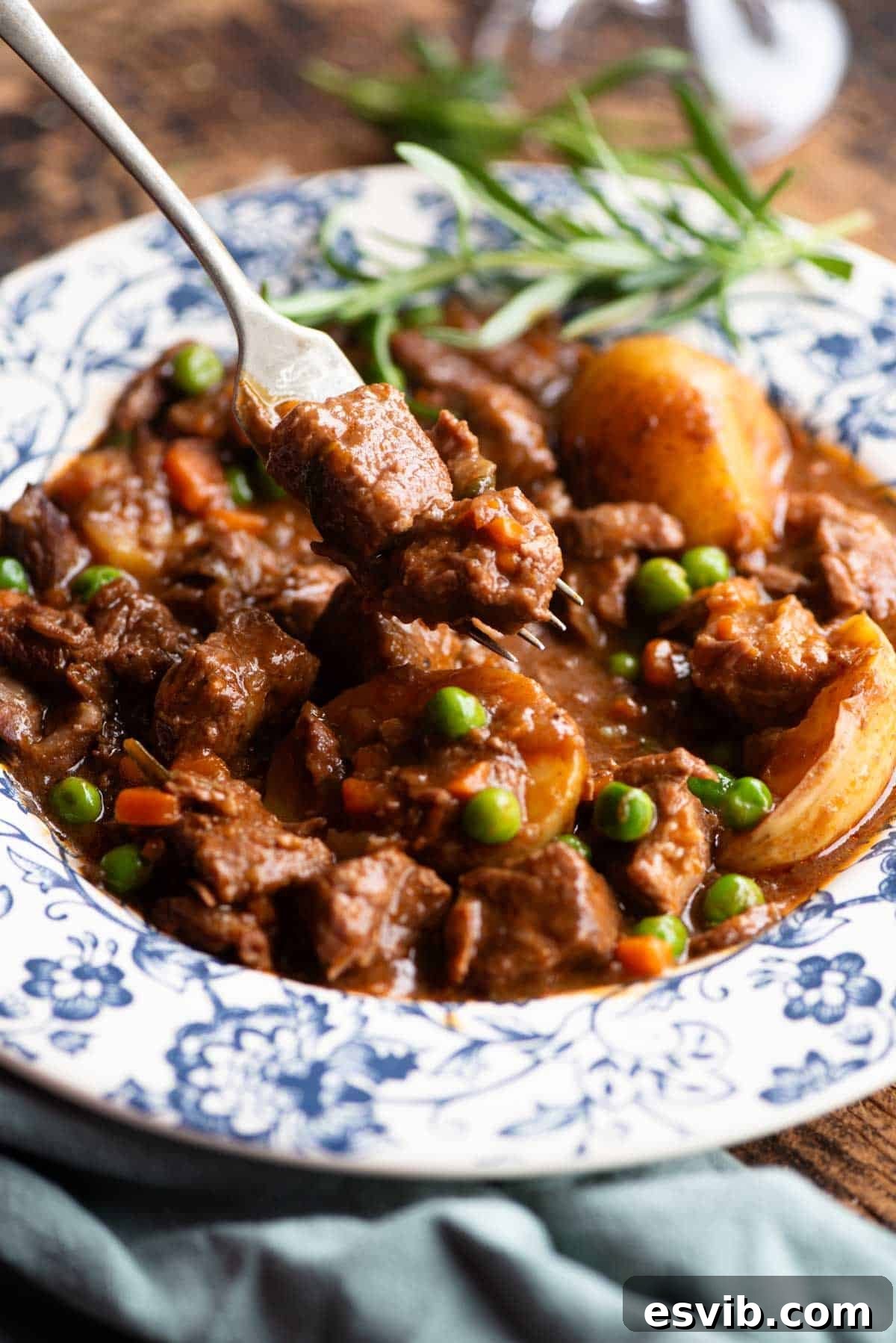 A close-up shot of a fork delicately picking up a tender piece of beef from a steaming bowl of rich Italian beef stew, showcasing the succulence of the slow-cooked meat.
