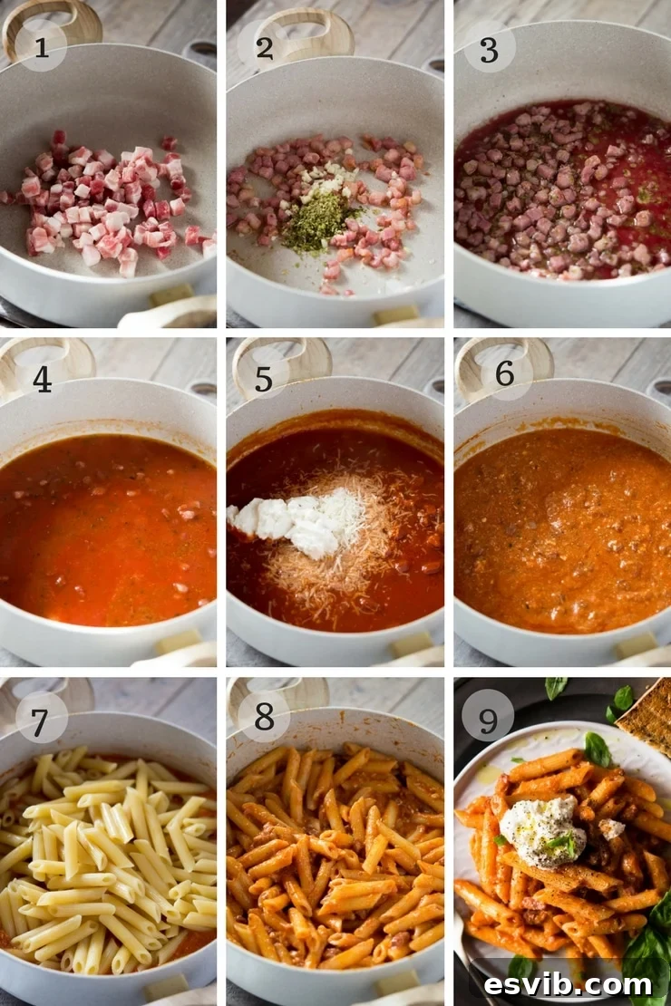 Step-by-step photos for making penne pasta with pancetta, ricotta, and tomato sauce, showing pancetta frying, garlic and oregano addition, and red wine reduction