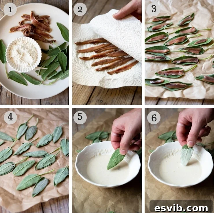 A step-by-step visual guide showing fresh sage leaves, rinsed anchovies being patted dry, and anchovy fillets being placed between two sage leaves.