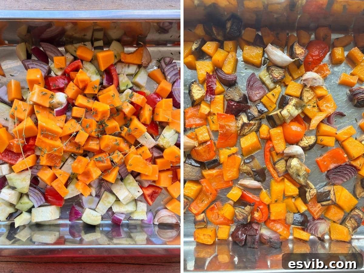 Two photos in a collage showing vegetables before and after roasting.