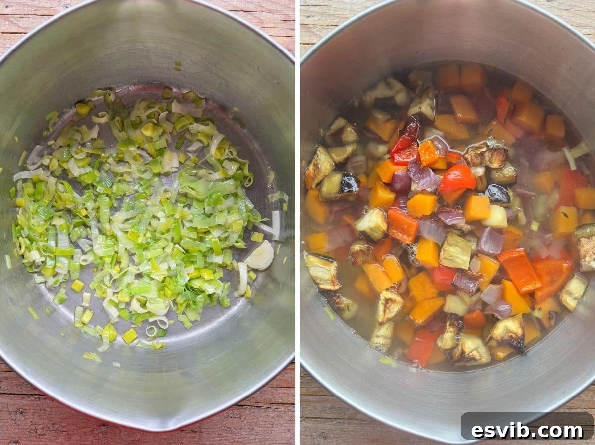 Two photos in a collage showing a sauteed chopped leek and roasted veg and stock in a pot.