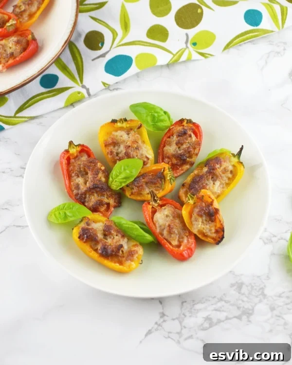 Sweet Pepper Poppers with Sausage and Stracchino 3 Brightly colored sweet mini peppers stuffed with cheesy Italian sausage, ready to be baked for a delicious antipasto.