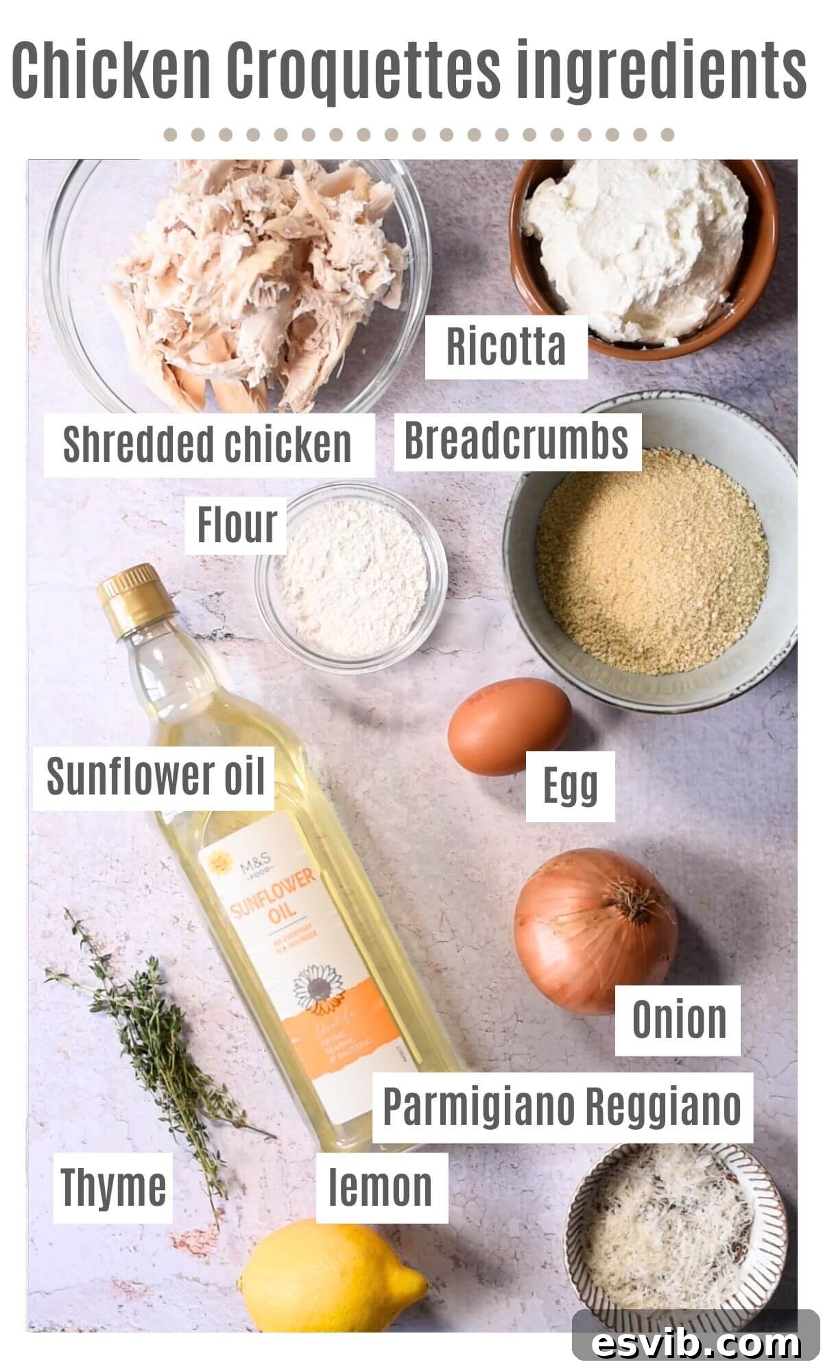 Creamy Chicken Ricotta Bites 3 An overhead shot showcasing all the fresh and essential ingredients required to prepare a batch of flavorful ricotta chicken croquettes, neatly arranged on a rustic surface.