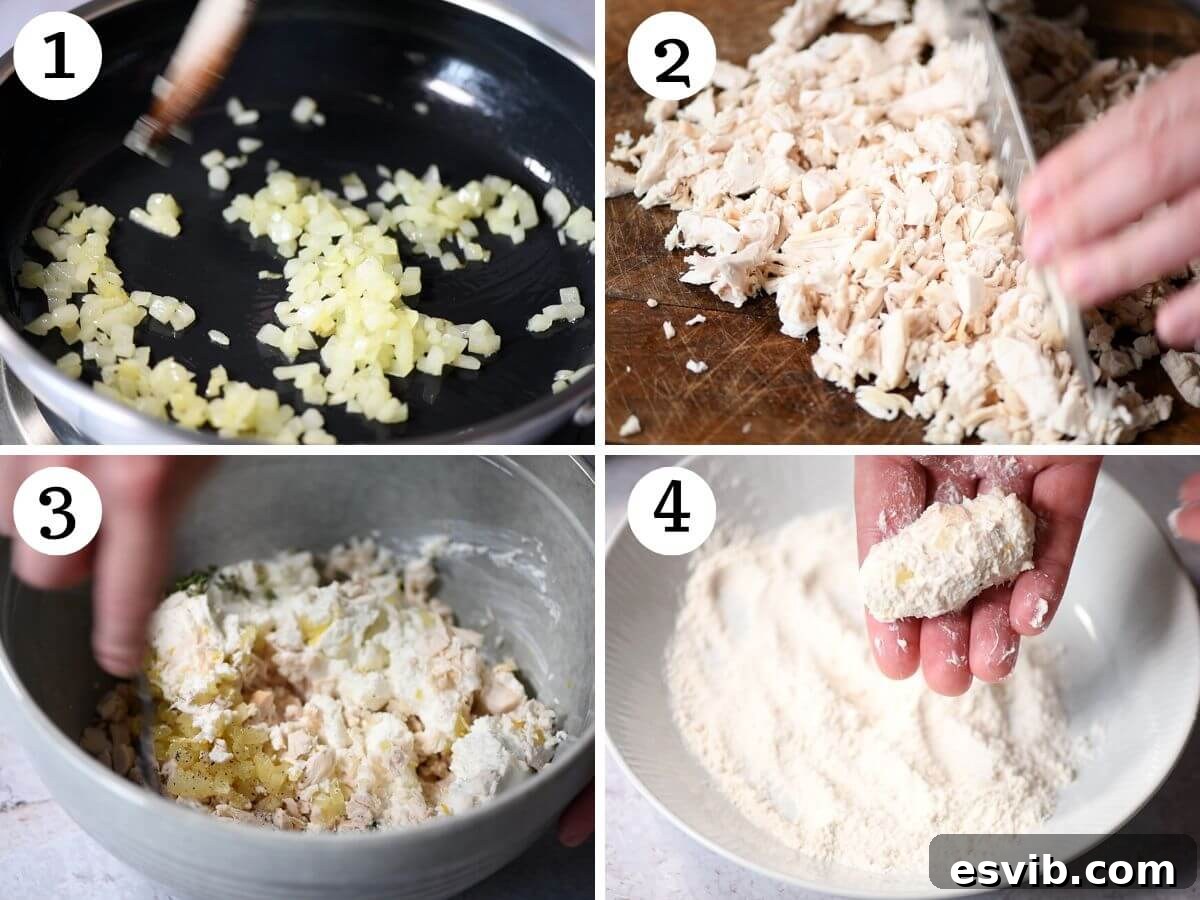 Creamy Chicken Ricotta Bites 4 A four-panel collage illustrating the initial steps of preparing chicken croquettes: sautéing onions, combining chicken with ricotta and herbs, and mixing the ingredients.