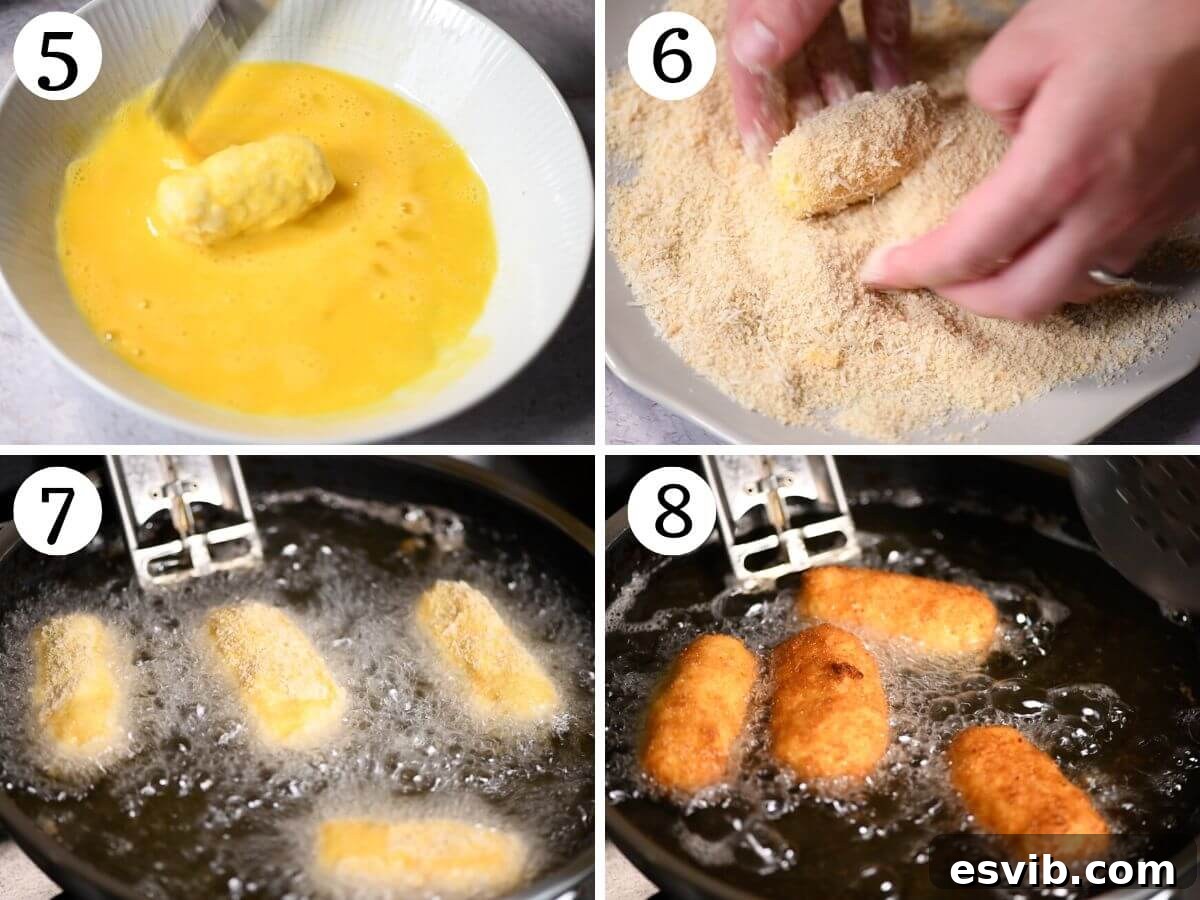 Creamy Chicken Ricotta Bites 5 A four-panel collage demonstrating the breading and frying process for chicken croquettes: shaping, flouring, egg-dipping, breadcrumbing, and finally frying them to a golden crisp.