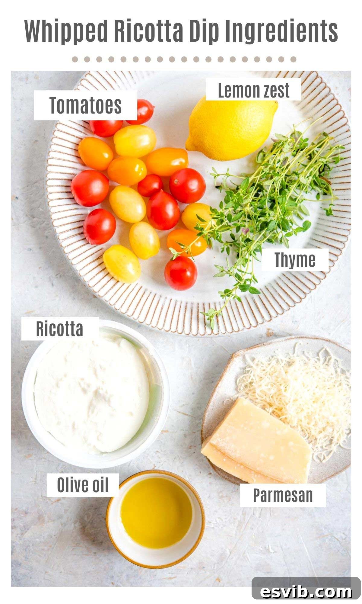 An overhead shot showcasing all the fresh, simple ingredients needed to create the whipped ricotta dip with roasted tomatoes.