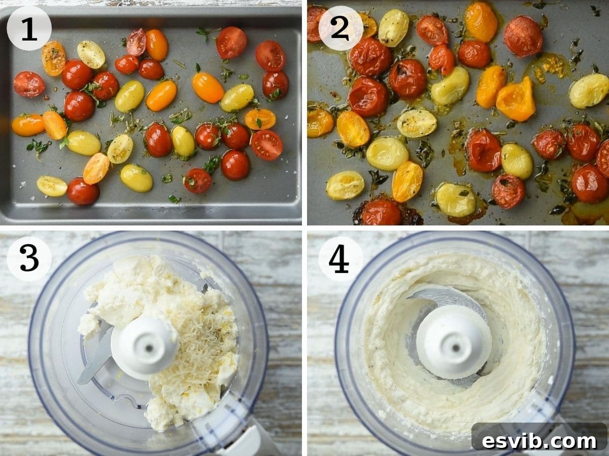 Step-by-step photos illustrating the process of making whipped ricotta dip: from roasting tomatoes to blending the ricotta.