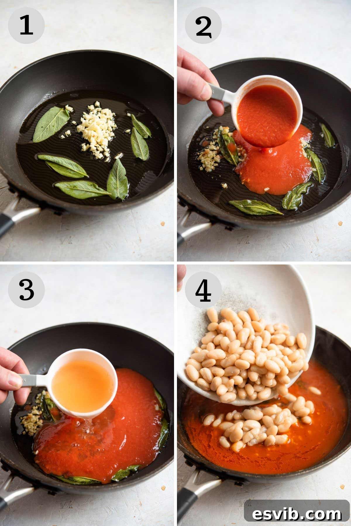 A visual sequence of three photos illustrating the initial stages of preparing Fagioli all'uccelletto, from sautéing garlic and sage to adding tomatoes and water for the sauce base.