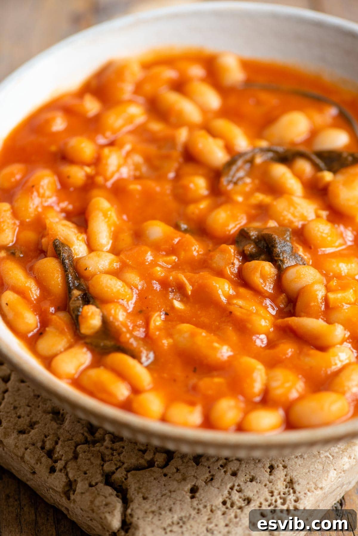 A close-up view of Fagioli all'uccelletto, showcasing the tender cannellini beans nestled in a rich tomato sauce, beautifully garnished with fresh sage leaves.