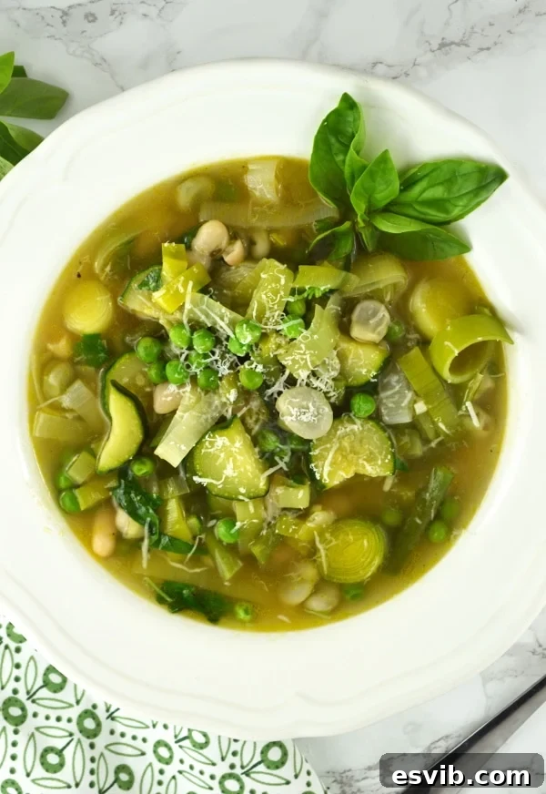 A steaming bowl of Minestrone Primavera, showcasing fresh spring vegetables like peas, broad beans, and zucchini, ready to be enjoyed.