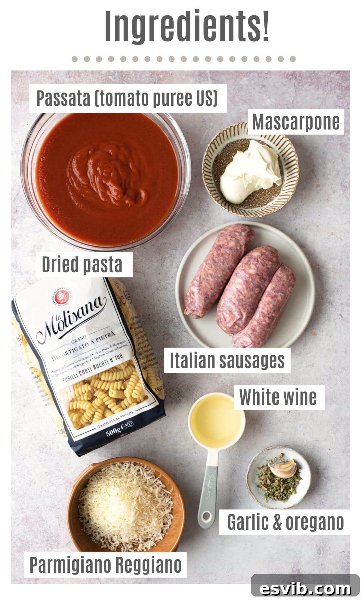An overhead shot of ingredients needed to make a creamy tomato sausage pasta labelled; passata (tomato puree US), mascarpone, dried pasta, Italian sausages, white wine, Parmigiano Reggiano, garlic and oregano.