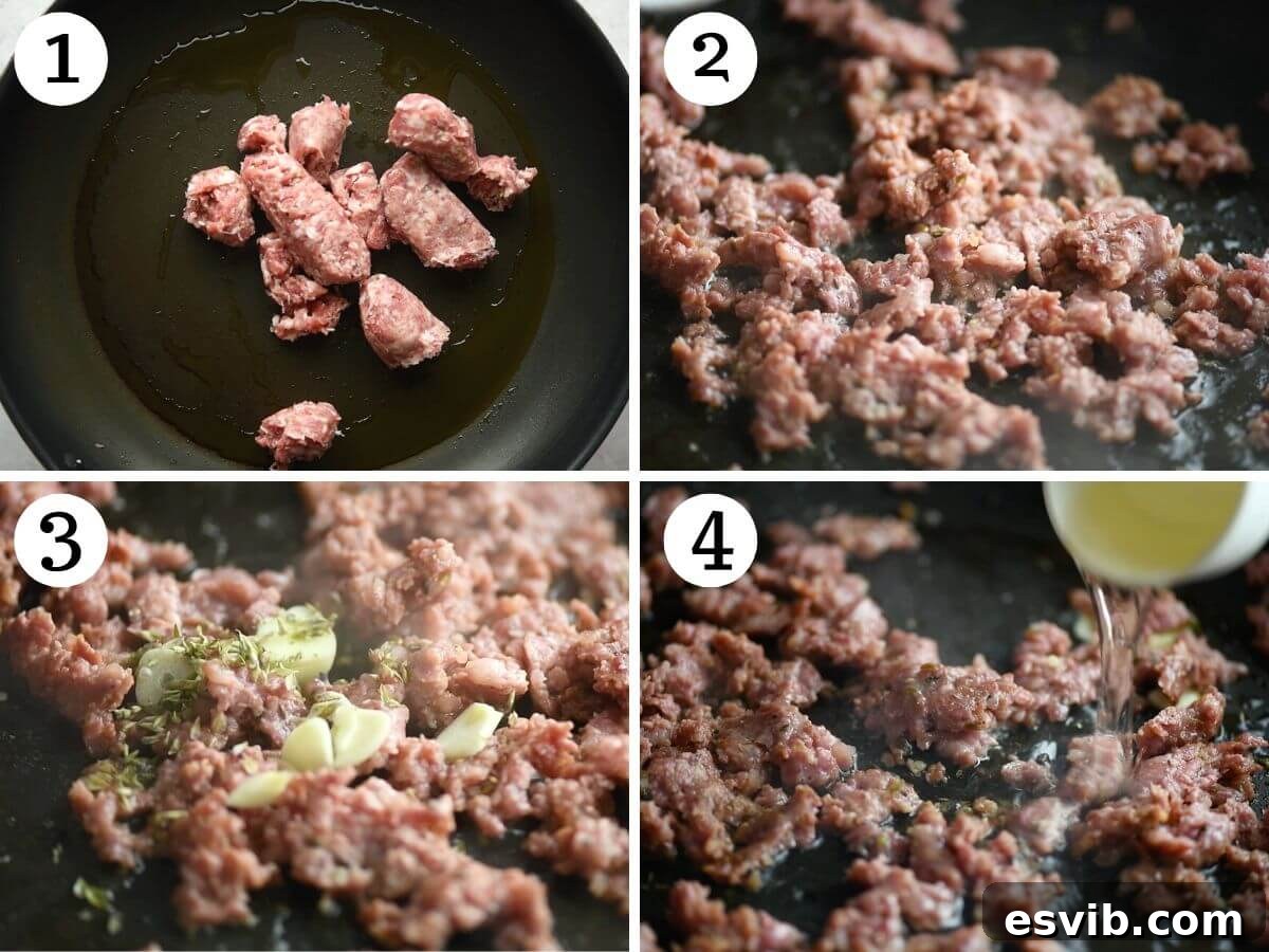 Four photos in a collage showing how to brown sausages, garlic and reduce white wine.