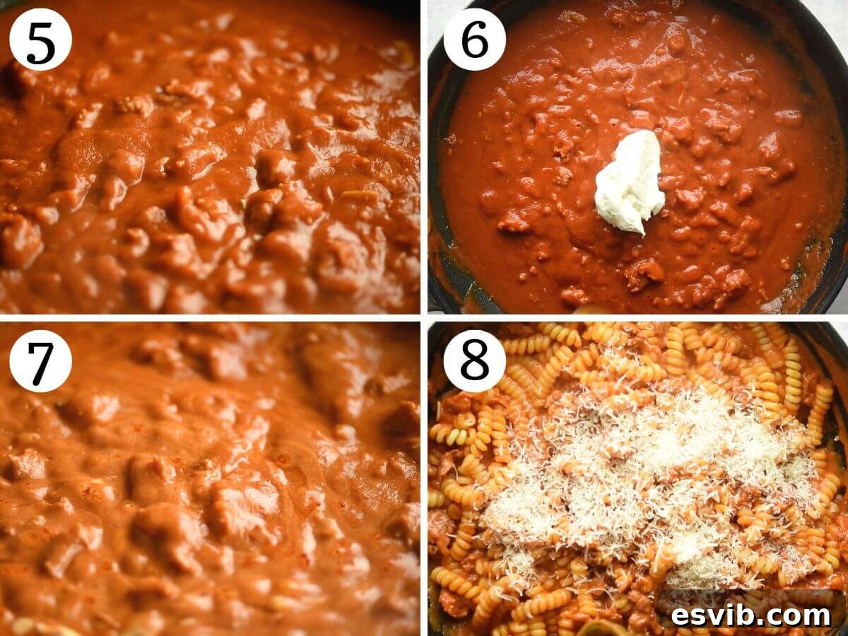 Four photos in a collage showing how to make a creamy tomato sauce.
