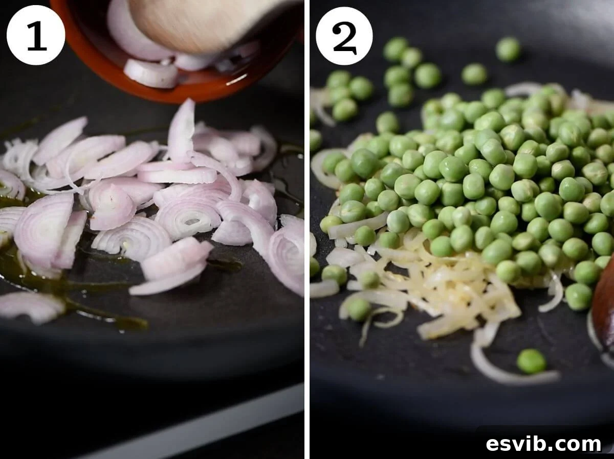 Two photos in a collage showing how to saute shallots until translucent and then adding peas to the pan.
