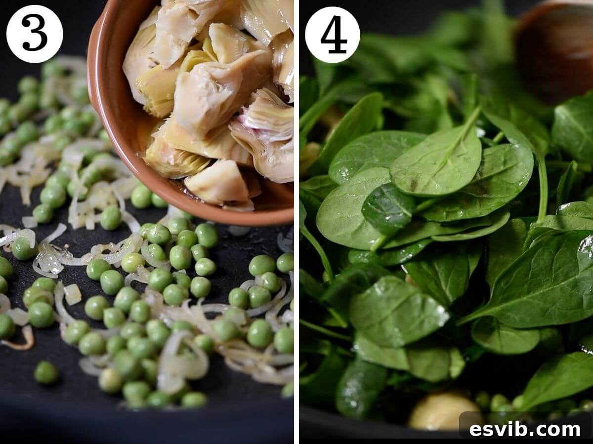 Two photos in a collage showing sliced artichokes being added to the pan, followed by fresh spinach, which is then wilted.