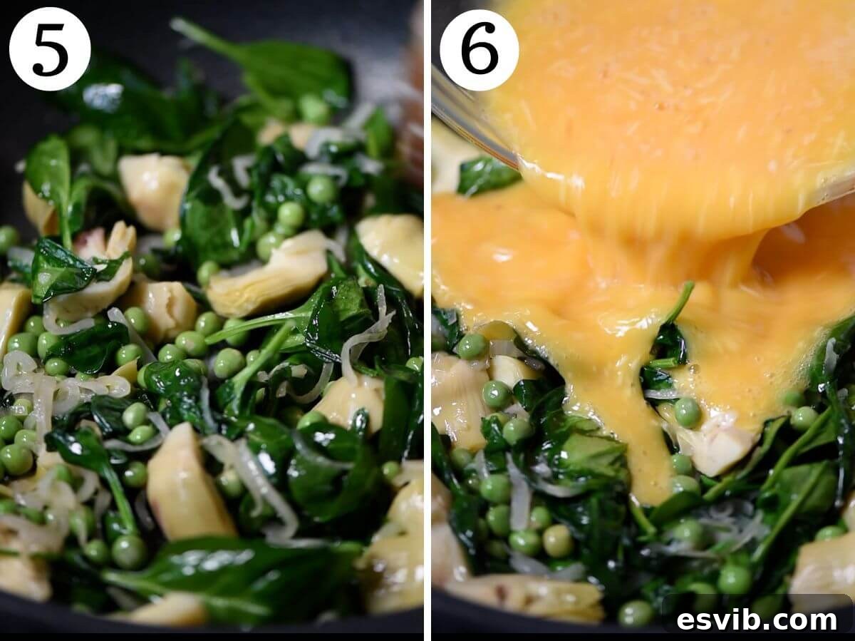 Two photos in a collage showing whisked eggs being poured over the sautéed spinach and artichokes in the frying pan.