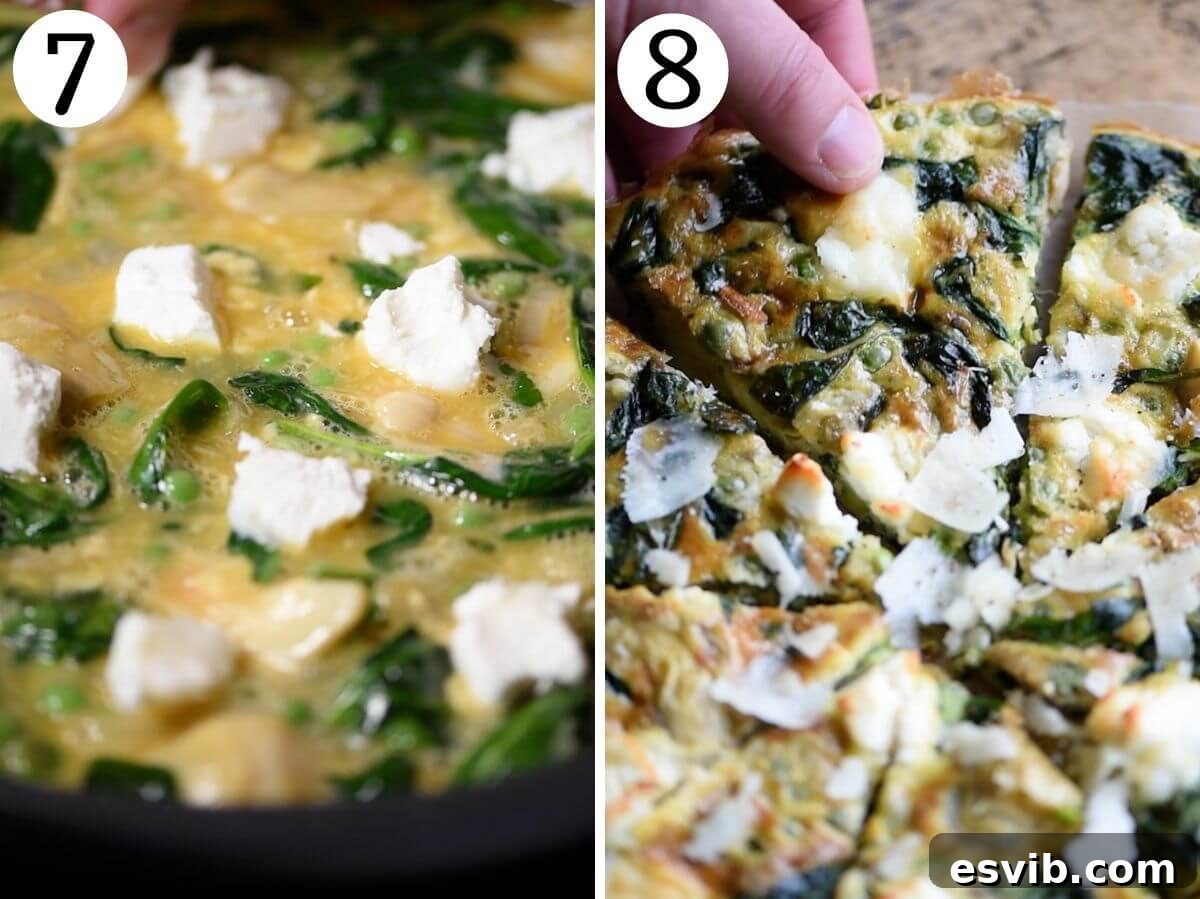 Two photos showing a spinach and artichoke frittata before and after baking, topped with goat's cheese.