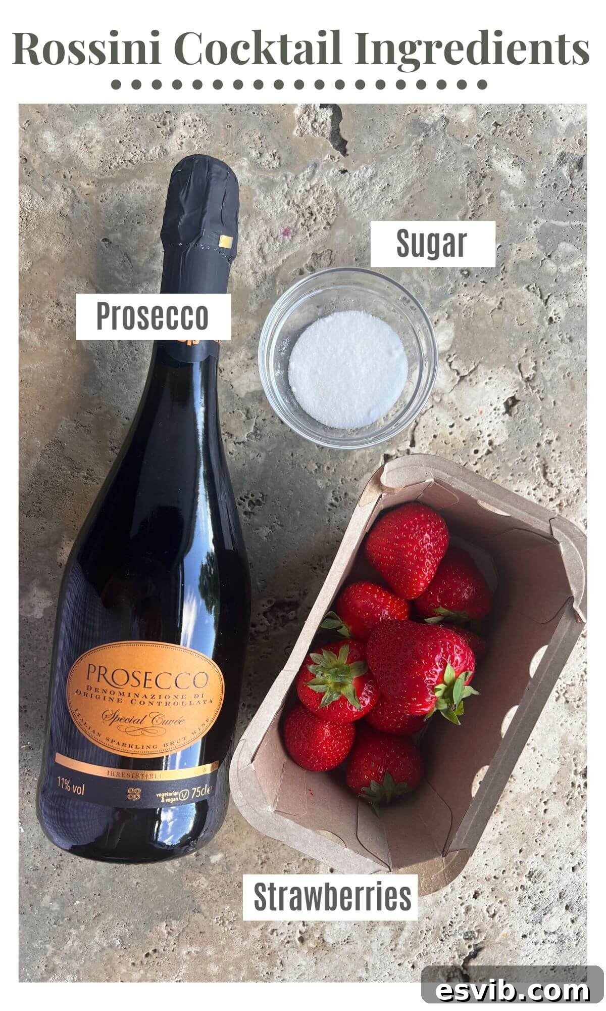 An overhead shot showcasing the key ingredients for an Italian Rossini Cocktail: a bottle of chilled Prosecco, vibrant fresh strawberries, and granulated sugar, ready for preparation.